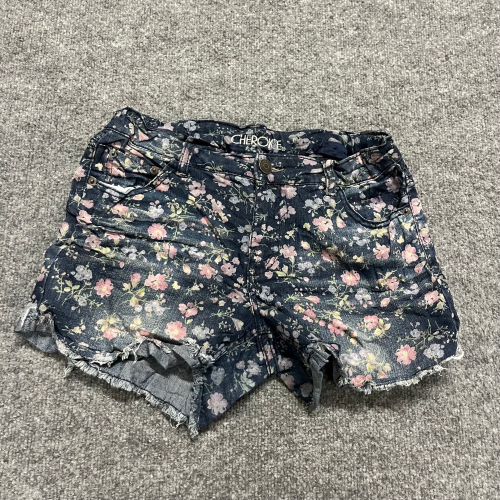 Cherokee Shorts Girls Size XL Blue Floral Denim Raw Hem Stretch Casual Summer